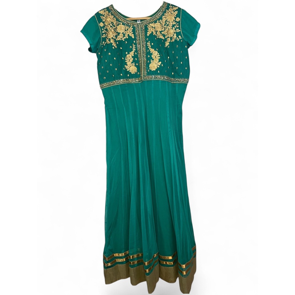 Teal Green Gold Embroidered Anarkali Maxi Dress XXL Short Sleeve Sequin Formal